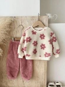 LMoss Kids LMoss 女婴两件套碎花针织圆领蓬松卫衣和打底裤套装，粉色，舒适秋冬款式，套头衫，温暖秋冬风格 - 彩色 - 查看 5