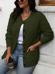 大码休闲百搭纯色开衫 - 軍綠色 - 查看 4