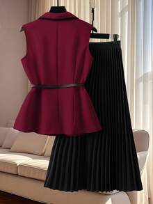 Franclia Bộ vest 2 món thanh lịch có cổ áo blazer không tay, thắt eo, chân váy phối màu, đa năng cho trang phục hàng ngày - Màu Đỏ Sâu - Xem 2
