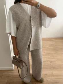 Siren Gaze 2 peças femininas cor sólida decote em V botão cardigan suéter colete e calças terno casual, conjunto confortável, suéter feminino 2 peças roupa outono/inverno - Damasco - Ver 1