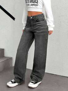 EURMUSE Low Waist Back Jacron Detailed Wideleg Jean - Dark Grey - View 4