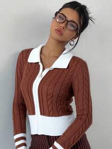RueChic Cardigan da donna con collo a contrasto, motivo a trecce, collo a polo e zip - Castano - Visualizzare 4