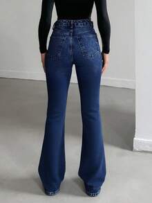 EURMUSE Quần Jeans Ống Loe Túi Đơn Giản Đa Năng Cho Nữ - Rửa tối - Xem 2