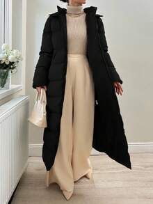 RueChic Slant Pocket Zip Fly Hooded Puffer Coat - Black - View 3