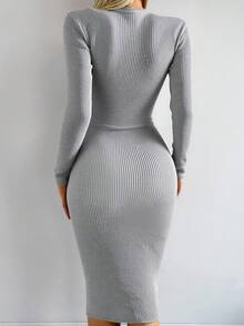 EURMUSE Sweetheart Neck Ribbed Knit Sweater Dress Without Belt - Grey - View 2