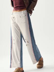 Bohemela 女式休闲针织拼布直筒牛仔裤 - 杏色 - 查看 4