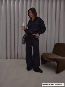MUSERA Wide Leg Embroidered '' Logo Elasticated Drawstring Waist Joggers Bottom Only Streetwear Cute Classy Casual Sexy Going Out Toffee - Black - View 1