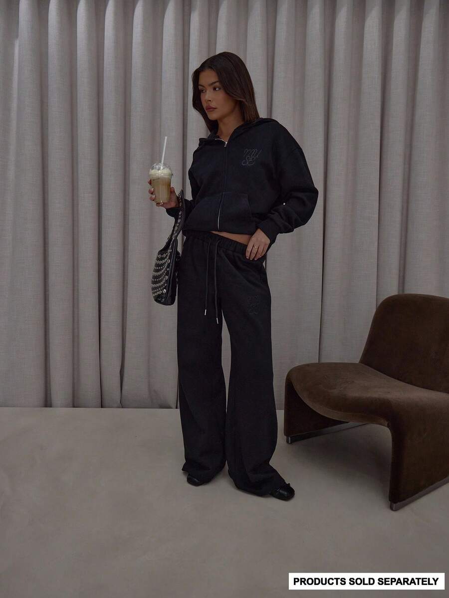 MUSERA Wide Leg Embroidered '' Logo Elasticated Drawstring Waist Joggers Bottom Only Streetwear Cute Classy Casual Sexy Going Out Toffee - Black - View 1