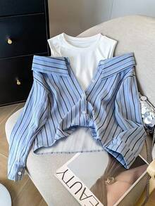 GlowEve 休闲时尚通勤日常浅蓝色条纹长袖二合一衬衫，女2025秋季新款时尚露肩长袖衬衫 - 彩色 - 查看 1