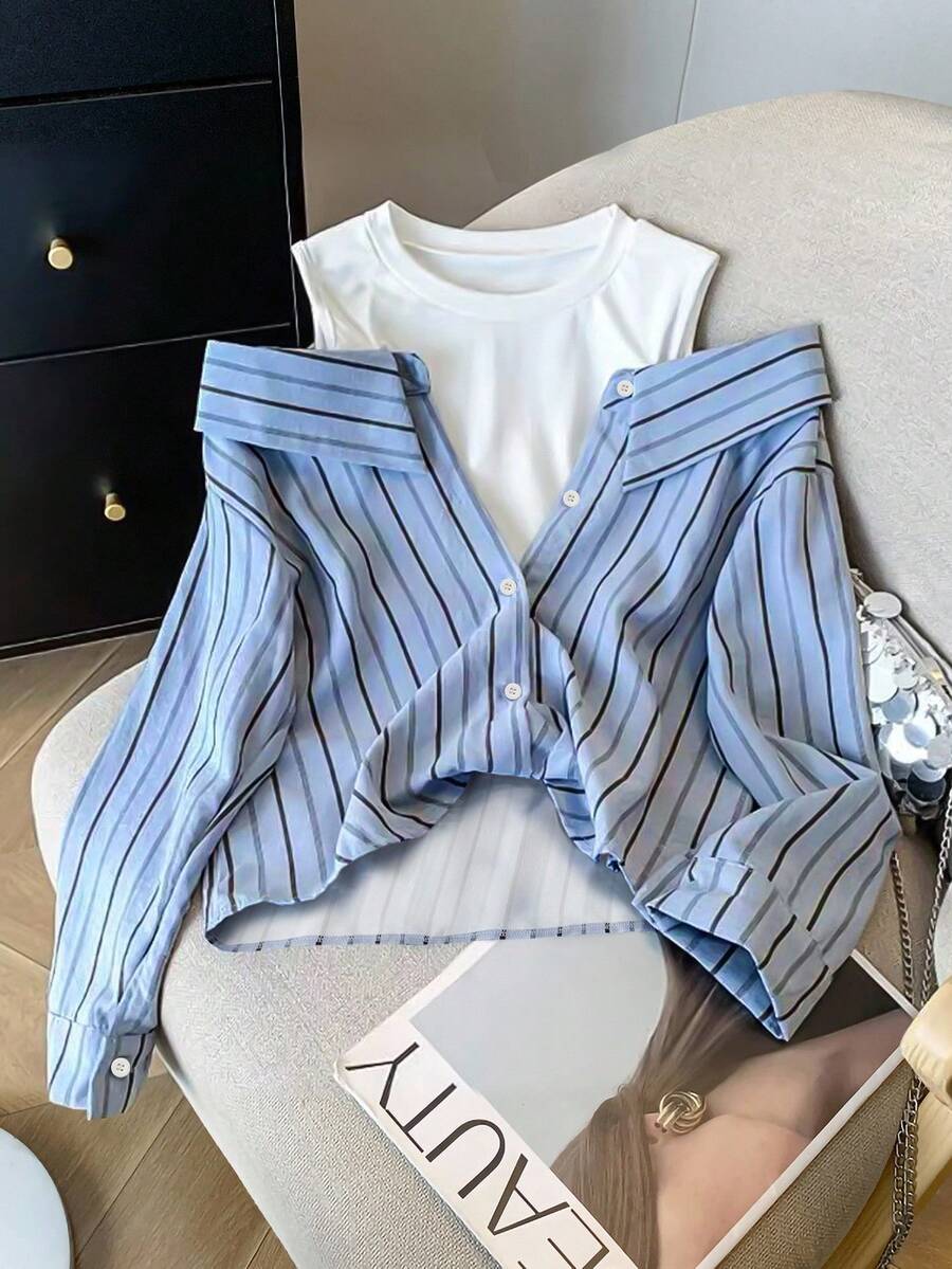 GlowEve 休闲时尚通勤日常浅蓝色条纹长袖二合一衬衫，女2025秋季新款时尚露肩长袖衬衫 - 彩色 - 查看 1