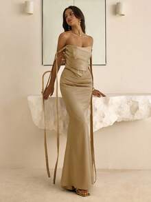 Vowa Falda ajustado elegante y vintage con pliegues de satén, cintura de sirena, cuello con volantes, decoración de cadena de perlas y cinta, adecuada para cóctel, gala, baile, festival, cumpleaños, vestido formal de mujer