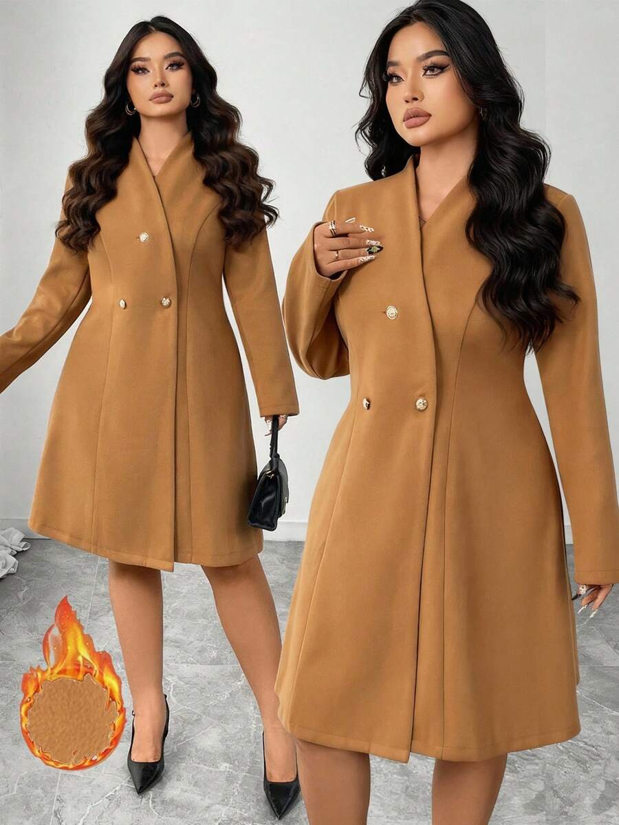 SHEIN Elenzya 大码女式优雅日常通勤宽松腰羊毛大衣 - 棕色 - 查看 1