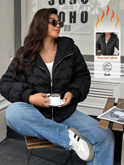 Calvaya Plus Size Women Floral Embossed Long Sleeve Zip-Up Hooded Warm Winter Jacket Fall Cloth For Women Autumn