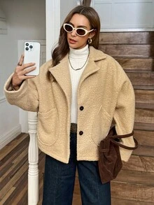 LanaWest Women's Apricot Pocket Contrast Button Loose Batwing Sleeve Short Overcoat - Khaki - View 4