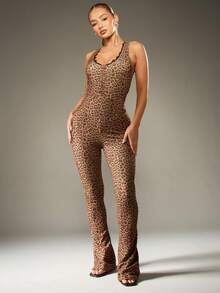 MISSGUIDED Leopard Print Lounge Jumpsuit Flared Leg One Piece Bodysuit With Lace Trim Scoop Neck Evening Party Club Wear Casual Spring Fall Fashion