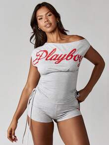 Missguided x Playboy Oversized Cotton Off Shoulder Asymmetric Ruched Cinched Waist Top With Lace Up Side Detail Contemporary Modern Fashion - Grey - View 5