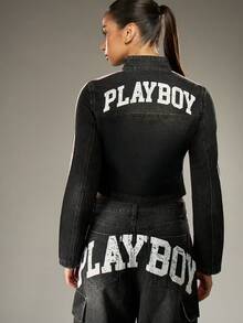 Missguided x Playboy Retro Y2K Moto Style Crop Denim Jacket Racing Stripe Varsity Zip Front Jacket Edgy Design Side Stripe Distressed Biker Streetwear