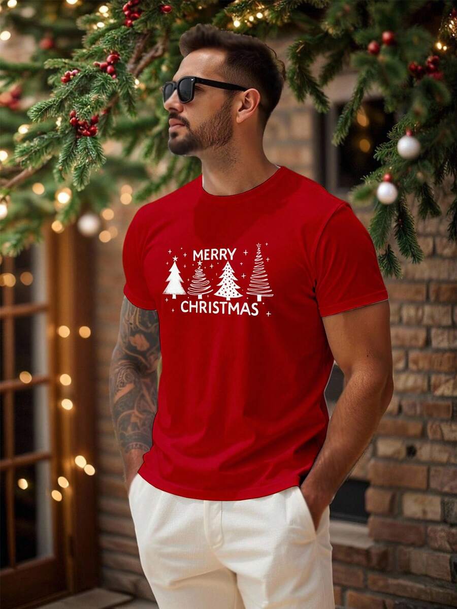 Manfinity Homme 男士成熟休闲圣诞简约圣诞树图案圣诞红色针织T恤 - 紅色 - 查看 1