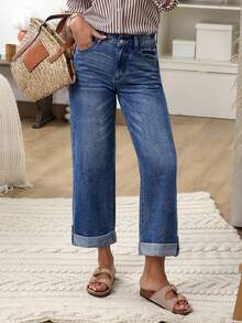 SHEIN LUNE Women's Straight Leg Loose Casual Commuter Jeans With Pockets Casual Street Patchwork Pocket Loose Wide Leg Jeans Women Jeans Baggy Loose Jeans - Blue - View 3