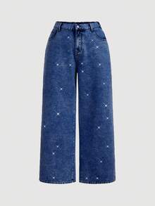 SHEIN MOD Celana Jeans Kasual Kaki Lebar Ukuran Besar dengan Hiasan Rhinestone dan Kantong - Dark Wash - View 3
