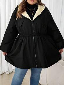 SHEIN CURVE+ Plus Size Women's Cinched Waist Thermal Lined Hooded Jacket, Women's Autumn/Winter Coat - Black - View 8