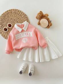 SHEIN Babygirl 可爱百搭字母图案翻领卫衣和迷你裙套装，秋冬 - 彩色 - 查看 5