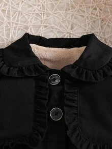 SHEIN Elladie kids 女婴荷叶边领加厚保暖风衣，适合户外穿着，秋冬季 - 黑色 - 查看 7