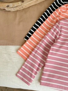 SHEIN LMoss Kids LMoss Young Girl 3pcs Young Girl Knit Striped Round Neck Casual Top Set