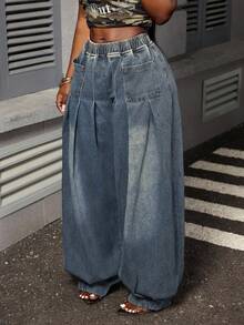 Slaydiva Quần jeans ống rộng xếp ly lưng thun co giãn cỡ lớn cho nữ - Màu xanh lam - Xem 4