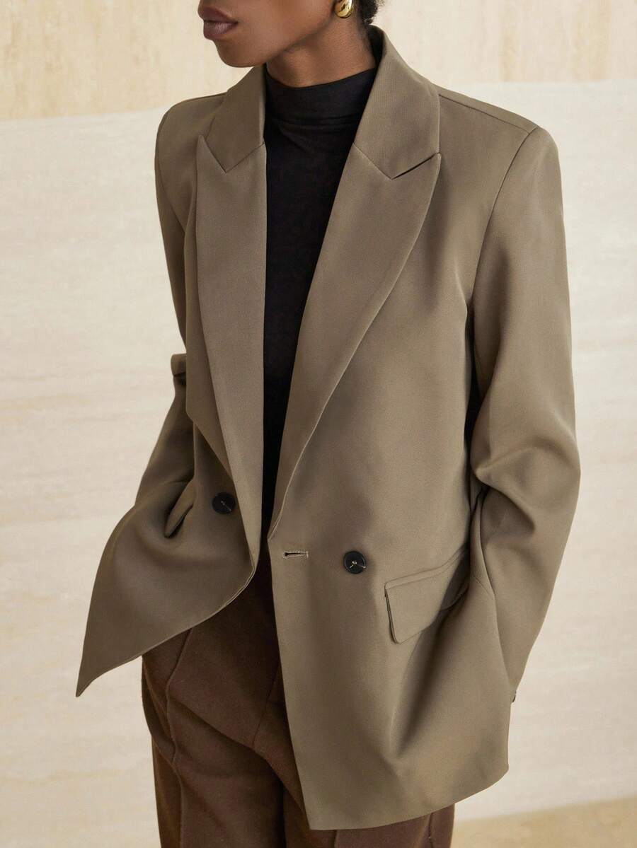 Aveloria Modichic Áo khoác Blazer nữ màu trơn hai hàng khuy phong cách công sở, đi làm, mùa thu - màu xanh lá - Xem 1