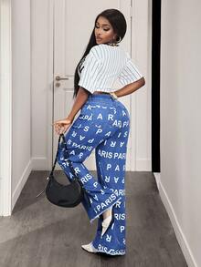 BamGleam Jeans de pierna ancha de moda para mujer con estampado de letras y color contrastante - Azul lavado medio - Ver 6