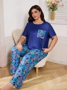 SHEIN بيجامة مجموعة قصيرة الأكمام مطبوعة بالتريكو المحبوك للنساء ذوات الحجم الكبير - متعدد الألوان - مشاهدة 5