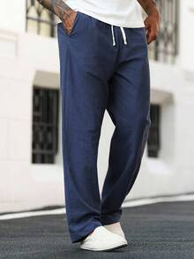 Manfinity Homme Pantalon décontracté ample en coton de couleur unie avec cordon de serrage à la taille et poches en biais, automne - Bleu marine - Voir 5