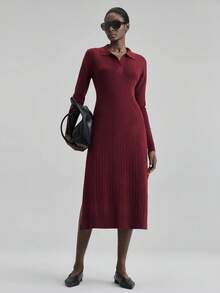 Ontre 2025 年新款针织混纺中长连衣裙，酒红色，柔软针织面料，修身直筒廓形，领口半拉链，商务休闲，办公室着装，秋冬装，适合万圣节、圣诞节、教师、女士办公室着装 - 酒紅色 - 查看 4
