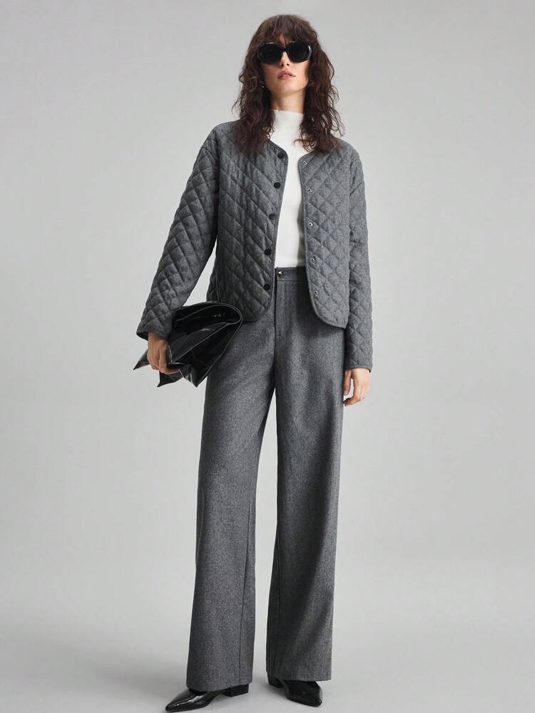 Women's Elegant Gray Winter Wool Blend Wide Leg Pants,Business Corporate Office Wear,Business Casual Trousers For Party,Teacher Uniform & Valentine