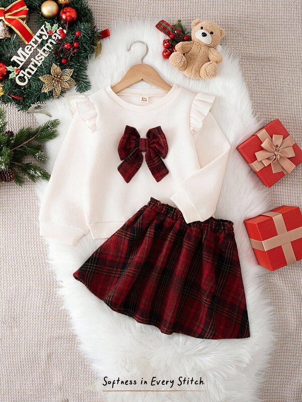 Cozy Pixies 2pcs Young Girl Colorblock Bow Decor Crew Neck Long Sleeve Sweatshirt & Plaid Mini Skirt Set