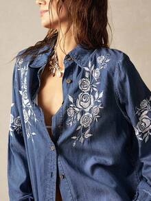 Bohemela Áo sơ mi thường ngày tay dài thêu hoa cỡ lớn cho nữ - Màu xanh lam - Xem 6