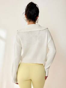 SHEIN Sovereign Charm Regular Fit Zip-Up Stand Collar Long Sleeve Casual Knit Sweater - White - View 2
