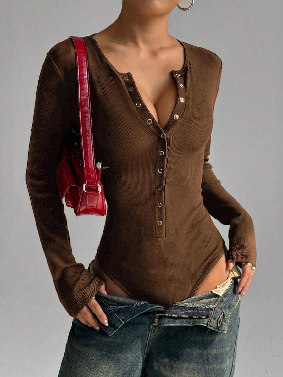 Flirla Women's Autumn/Winter Comfortable Fitted Metal Button Ribbed Knit Bodysuit - Brown - View 1