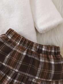 SHEIN 2 件套女婴冬季新款服装，毛茸茸长袖开衫外套，棕色格子百褶裙，甜美时尚休闲保暖套装 - 彩色 - 查看 5