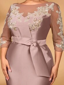 Serin Plus Size Autumn And Winter Elegant Gorgeous Luxury Lotus Pink Sequin Embroidery Stitching Satin Bow See-Through Long Sleeve Fishtail Skirt Suitable For Applique Design Suitable For Wedding Events Bachelorette Party Holiday Dance Dinner Bride Mother Evening Dress Guest Dress