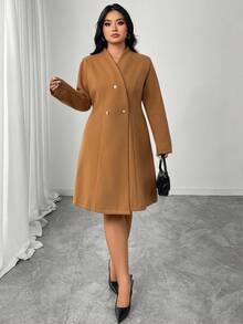 SHEIN Elenzya 大码女式优雅日常通勤宽松腰羊毛大衣 - 棕色 - 查看 4
