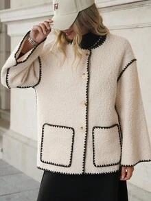 SHEIN Clasi 女款優雅秋冬百搭寬鬆羊羔毛撞色刺繡飾邊經典夾克 - 杏色 - 查看 6