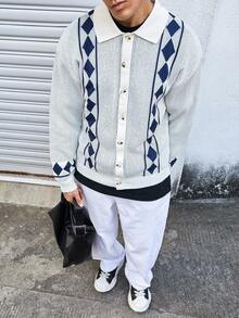 Manfinity CasualKnits Men's Casual Geometric Striped Pattern Drop Shoulder Loose Button-Front Cardigan, Autumn/Winter Men Knitted Button Up Crochet Men Shirt White And Blue Graphic Shirt Men Men Cardigan Sweater Read Antique White And Blue Shirts Men - Multicolor - View 2