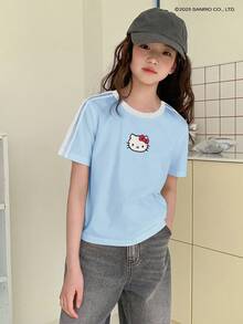 HELLO KITTY | DAZY Tween Girl Collaboration 圆领针织短袖夏季 T 恤，加大码 - 藍色 - 查看 1