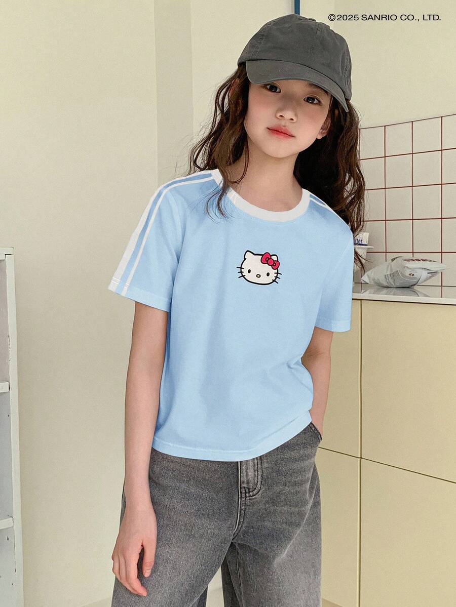 HELLO KITTY | DAZY Tween Girl Collaboration 圆领针织短袖夏季 T 恤,加大码 - 藍色 - 查看 1
