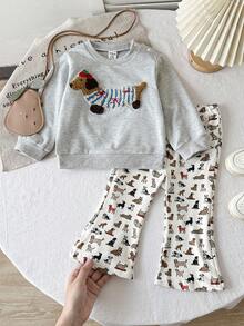 2 件套女婴时尚休闲舒适柔软针织面料圆领套头衫，搭配 3D 刺绣贝雷帽和条纹长袖喇叭裤套装 - 淺灰色 - 查看 1