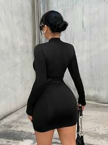 SHEIN SXY Plus Size Women's New Arrival Black Stand Collar Waist PU Splice Long Sleeve Bodycon Mini Dress, Autumn/Winter