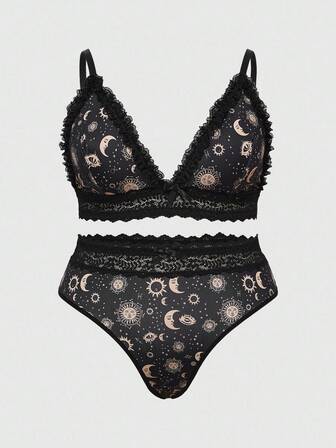 Plus Size Gothic Dark Sun, Moon & Star Triangle Cup Bodycon Lingerie Set