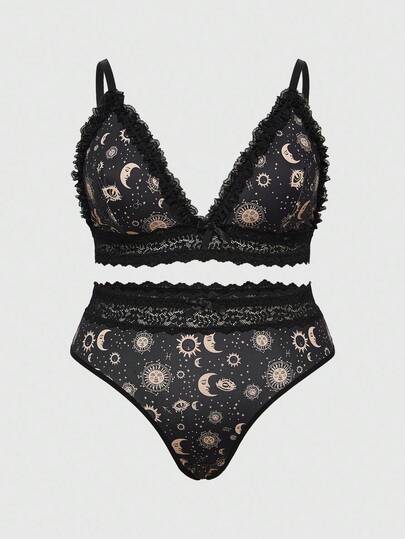 Goth Plus Size Gothic Dark Sun, Moon & Star Triangle Cup Bodycon Lingerie Set
